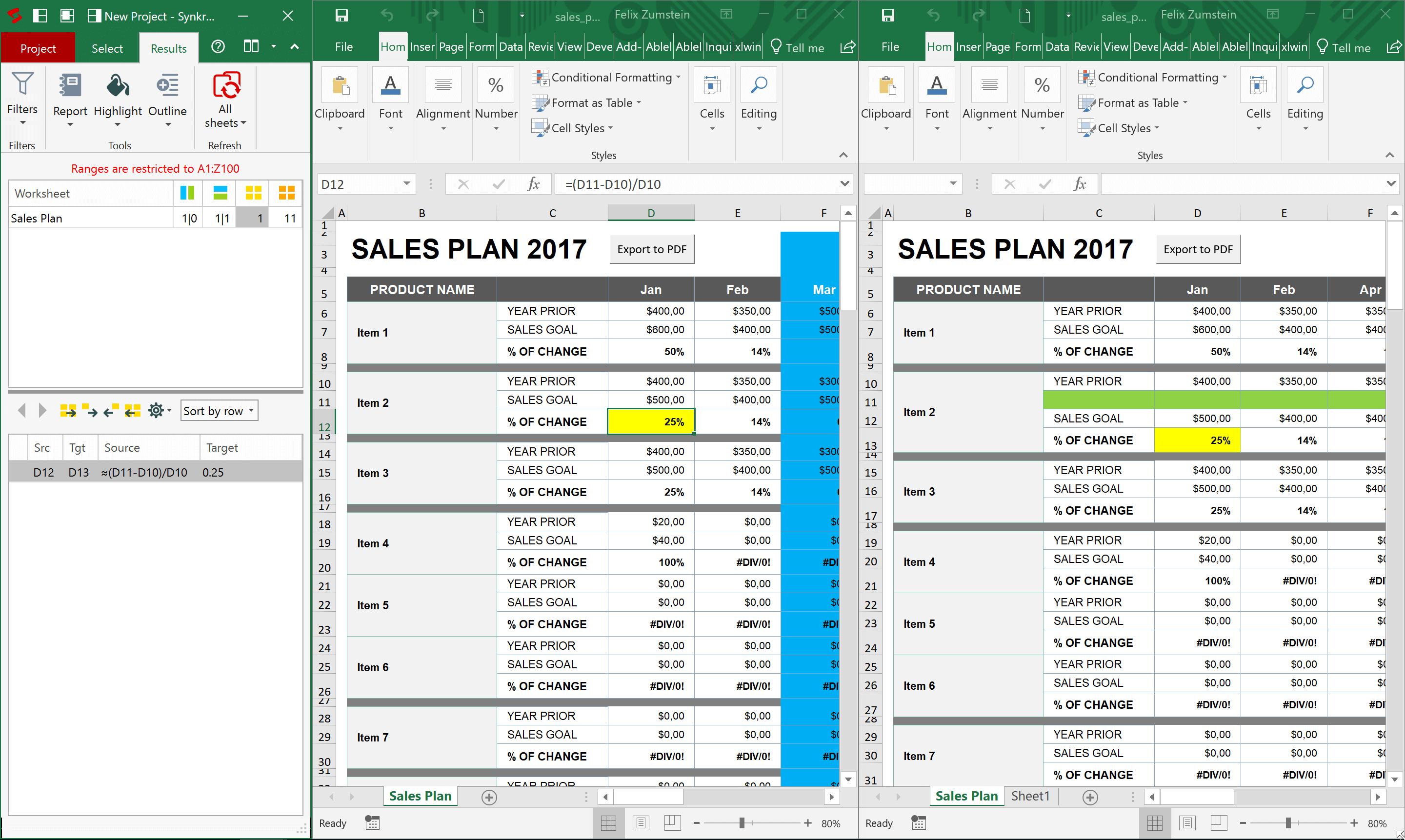 Synkronizer diff sheets