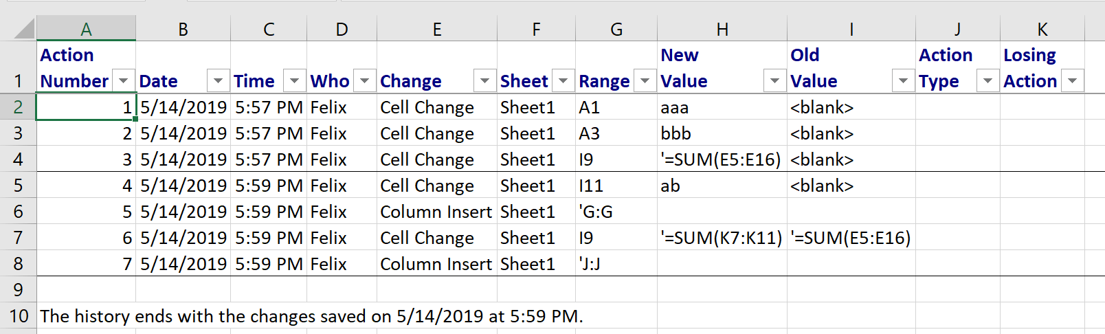track changes in excel via tooltips